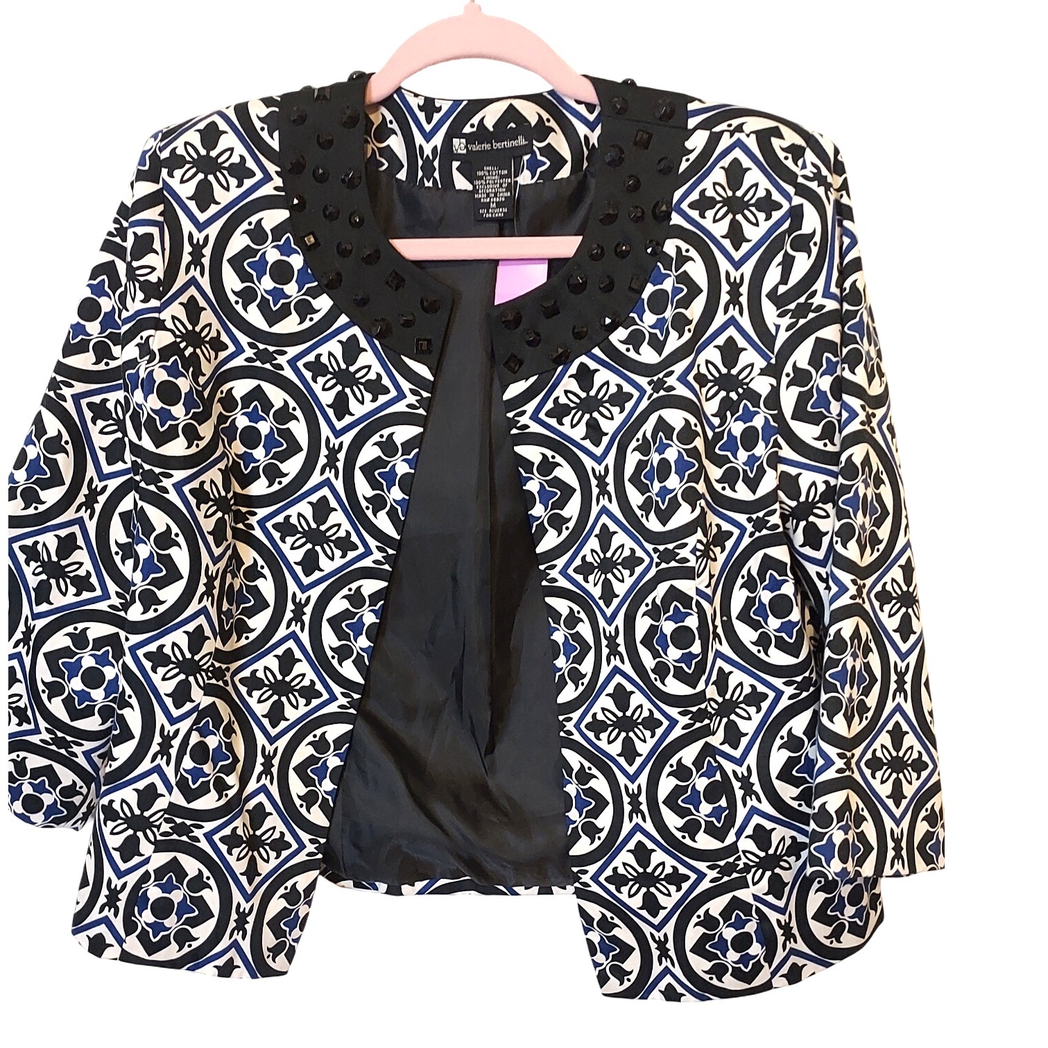 Valerie Bertinelli Cotton Embellished Collar Print Jacket Size M Bolero Moto